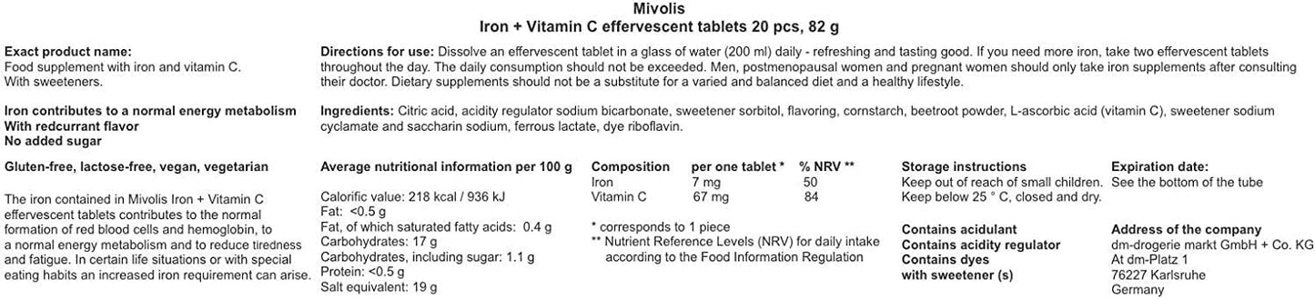 20 Pack of Mivolis Iron and Vitamin C Effervescent Tablets - Made in Germany