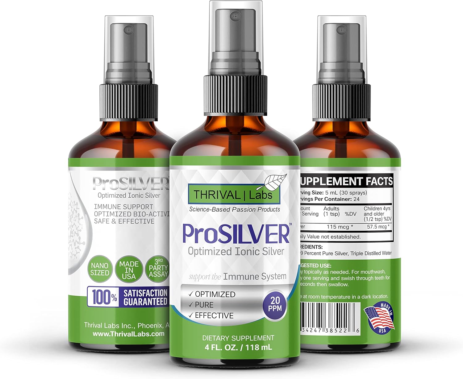 20 PPM ProSILVER Ionic Colloidal Silver Liquid for Immune Support - 4oz Dark Glass Bottle with Sprayer - Thrival Labs