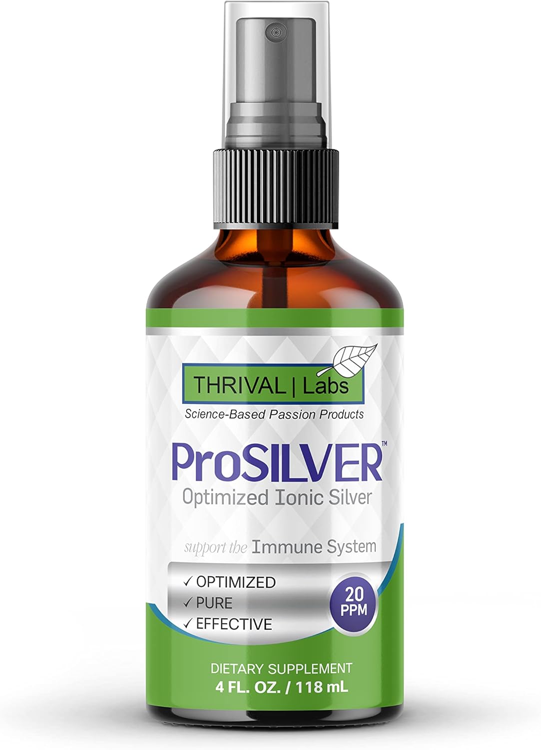 20 PPM ProSILVER Ionic Colloidal Silver Liquid for Immune Support - 4oz Dark Glass Bottle with Sprayer - Thrival Labs