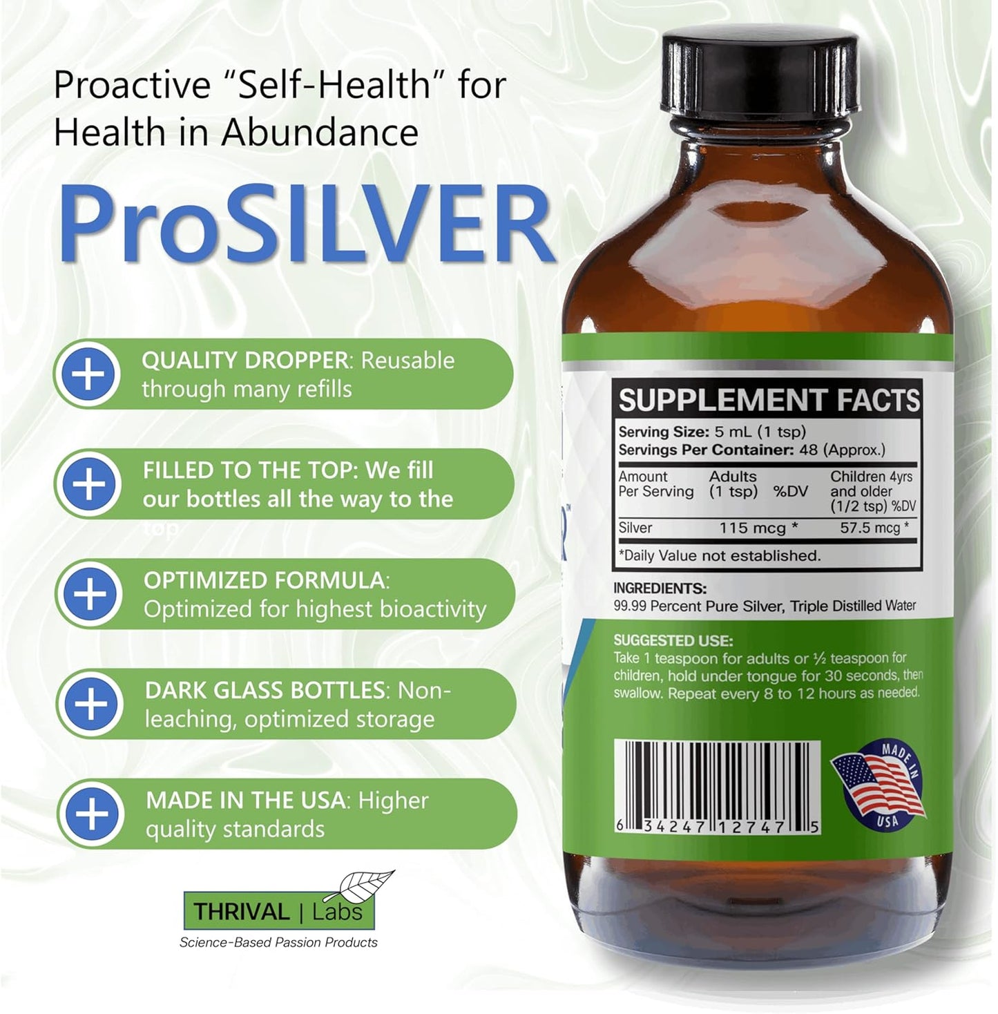 20 PPM ProSILVER Ionic Colloidal Silver Liquid for Immune Support - 8oz Dark Glass Bottle with Dropper - Thrival Labs