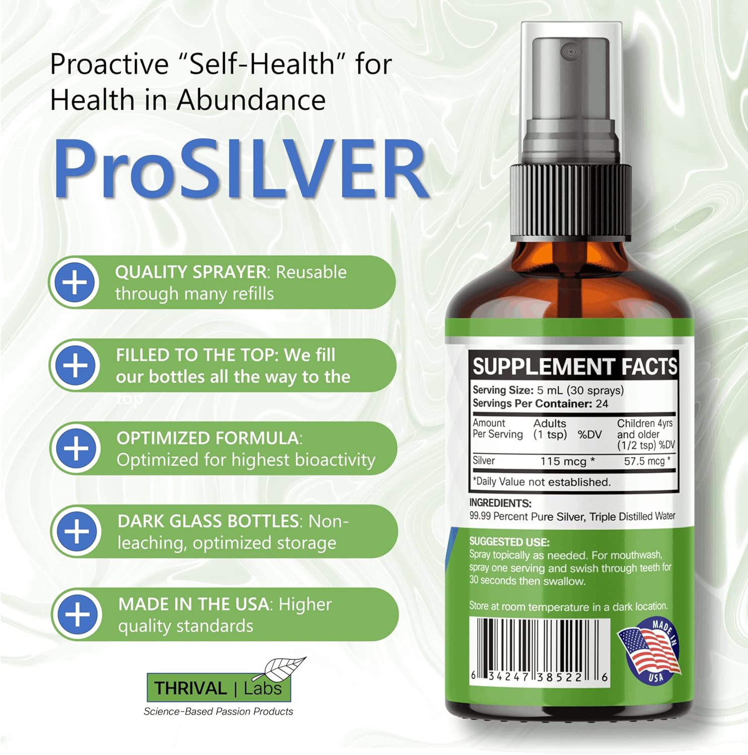 20 PPM ProSILVER Ionic Colloidal Silver Liquid for Immune Support - 4oz Dark Glass Bottle with Sprayer - Thrival Labs