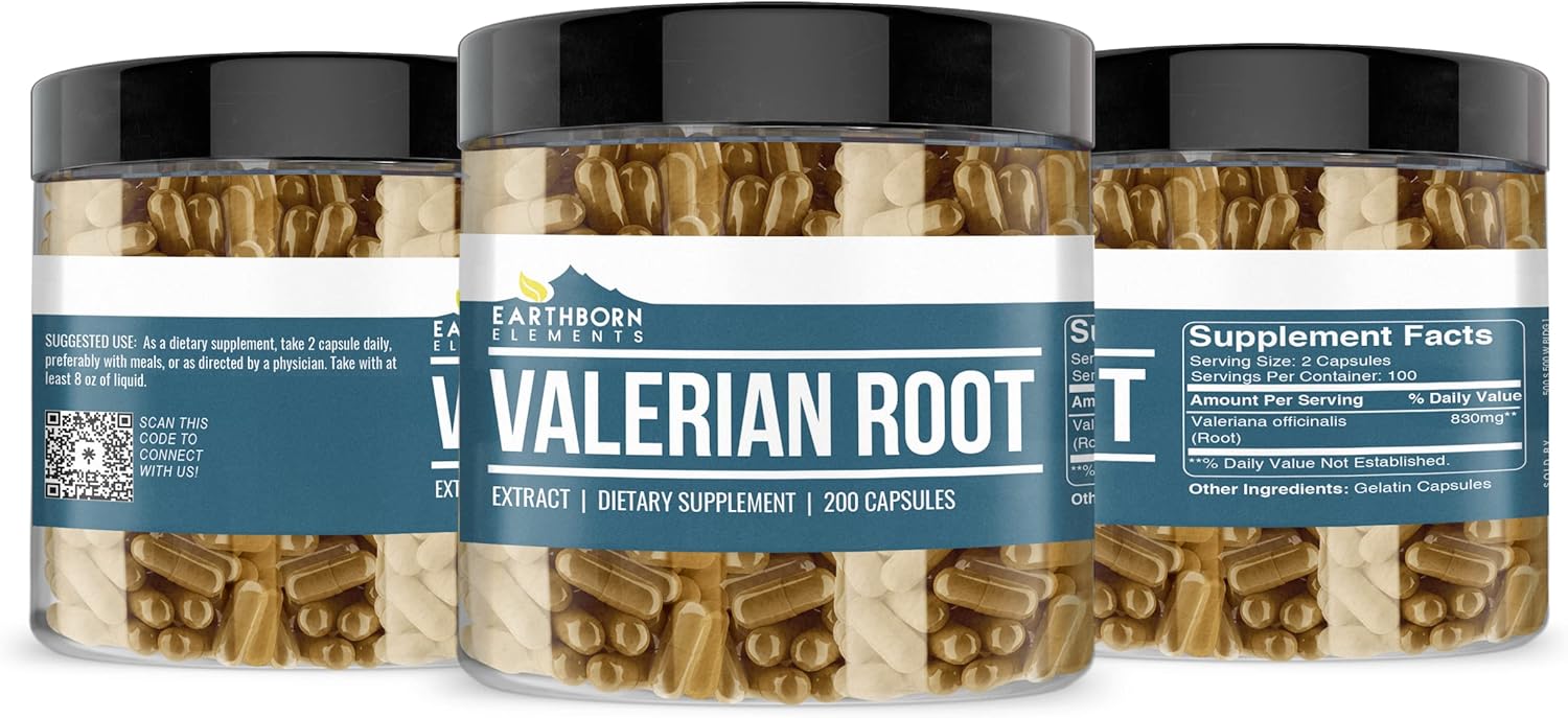 200 Capsules Earthborn Elements Valerian Root - Pure, Undiluted, No Additives