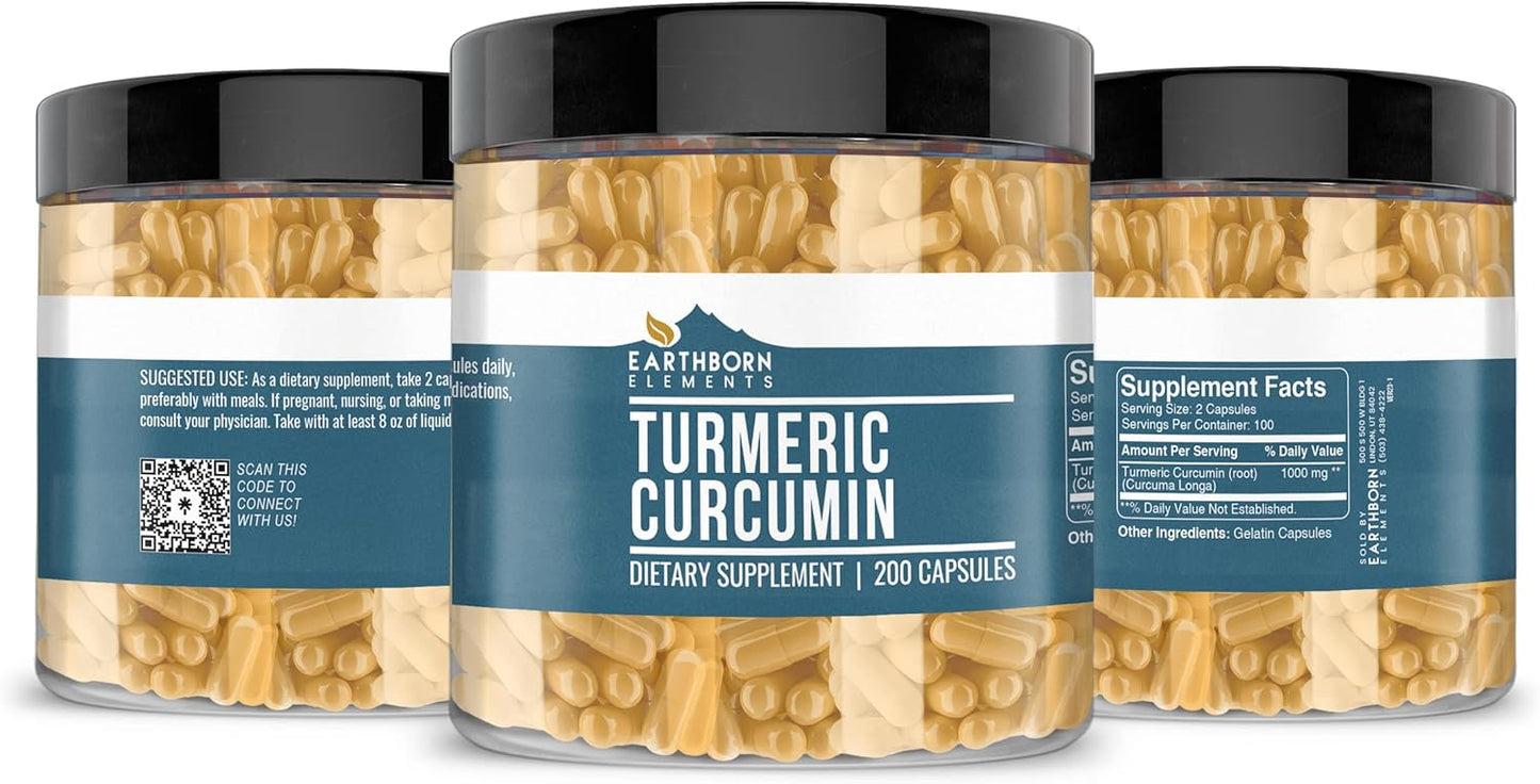 200 Capsules of Earthborn Elements Pure Turmeric Curcumin - No Additives