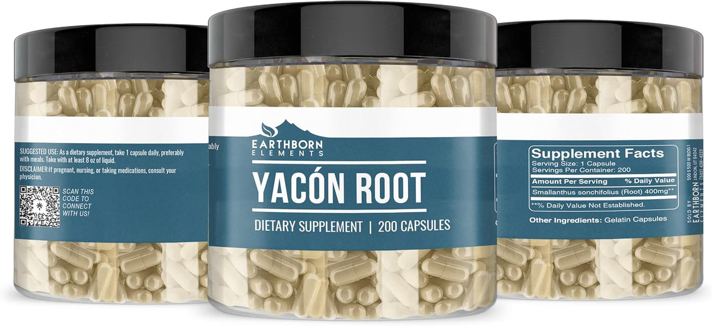200 Capsules of Earthborn Elements Pure Yacon Root - No Additives, 100% Undiluted