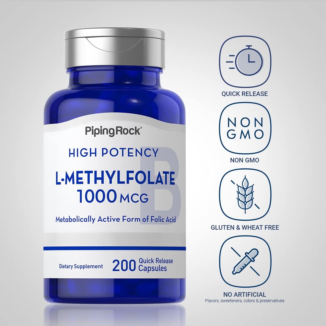 200 Capsules of Piping Rock L Methylfolate 1000 mcg - Non-GMO & Gluten Free