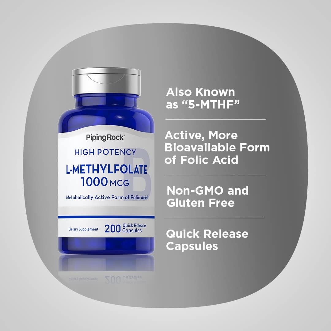 200 Capsules of Piping Rock L Methylfolate 1000 mcg - Non-GMO & Gluten Free