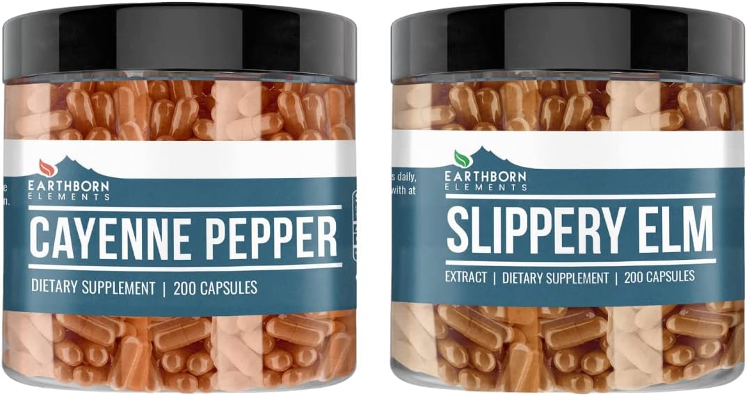200 Capsules of Pure Cayenne Pepper & Slippery Elm Bundle - No Additives, Earthborn Elements