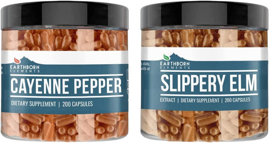 200 Capsules of Pure Cayenne Pepper & Slippery Elm Bundle - No Additives, Earthborn Elements