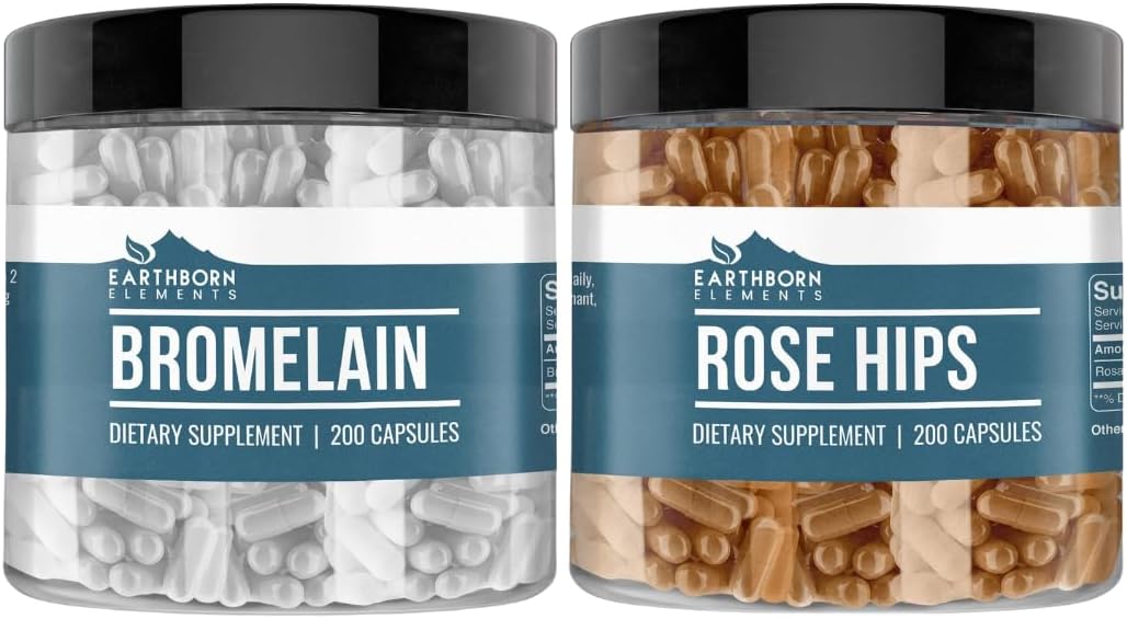 200 Capsules of Pure Earthborn Elements Rose HIPS & Bromelain Bundle, No Additives