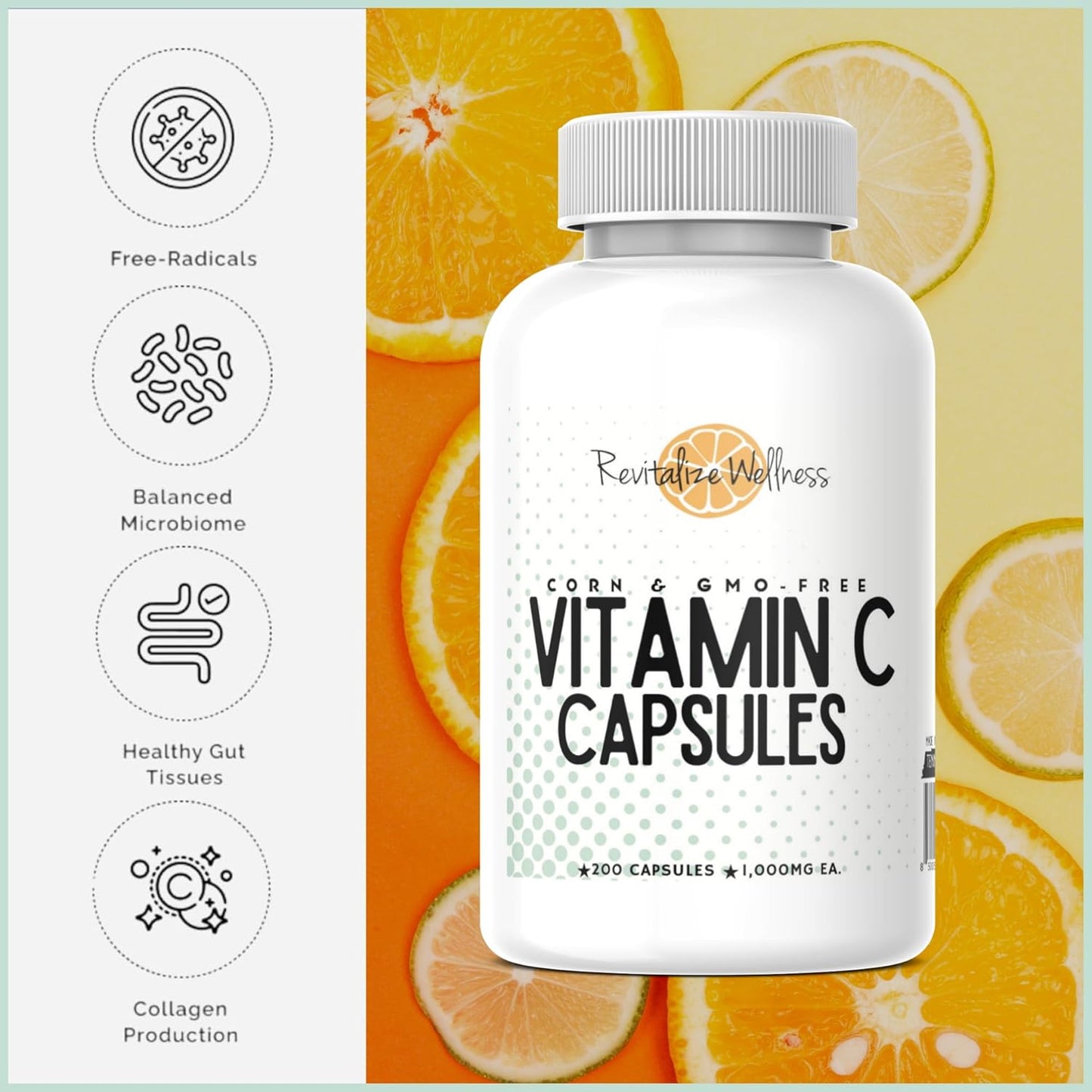 200 Capsules of Pure, Non-GMO 1000mg Vitamin C Capsules for Wellness