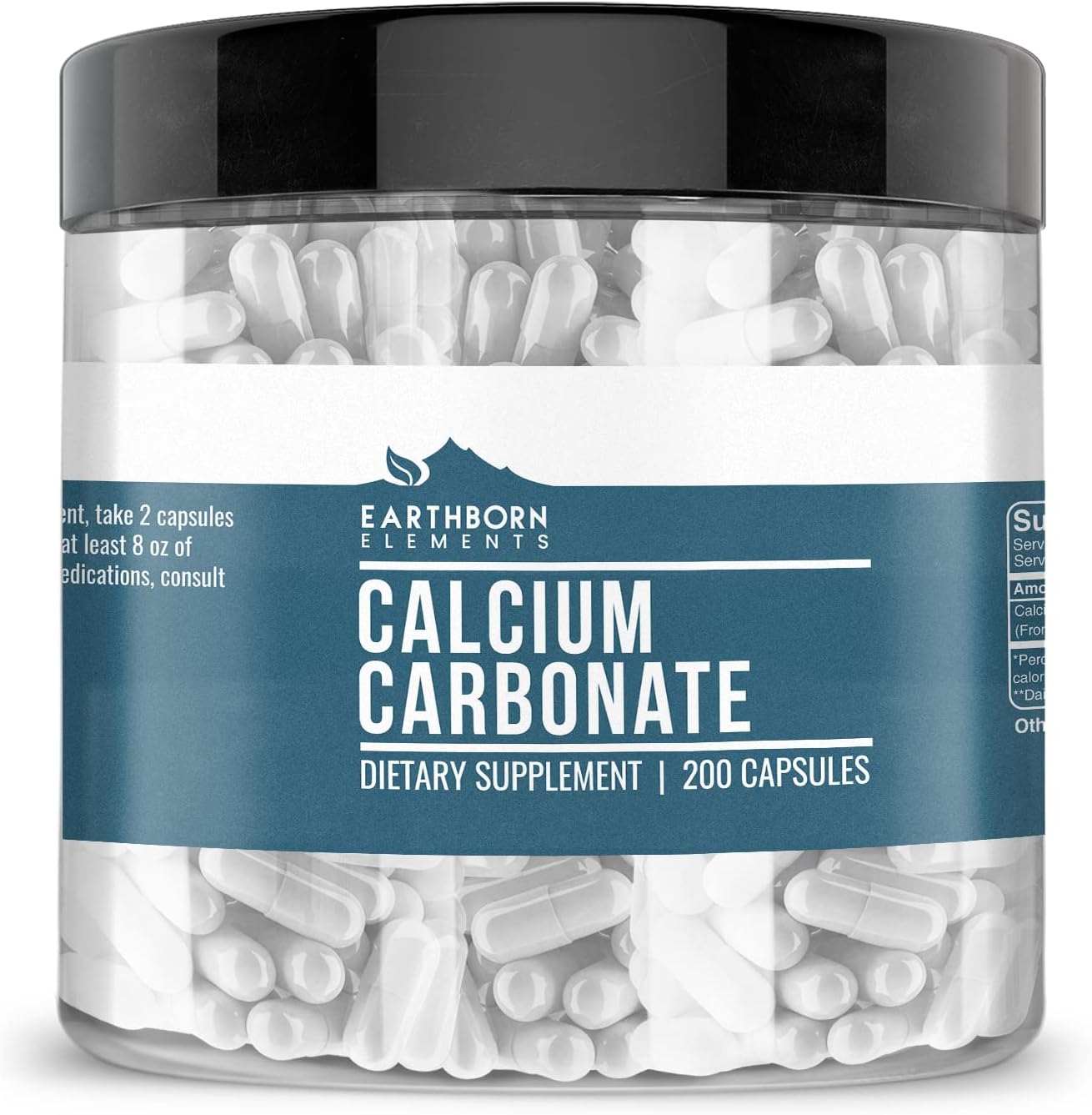 200 Capsules of Pure & Undiluted Calcium Carbonate by Earthborn Elements - No Additives