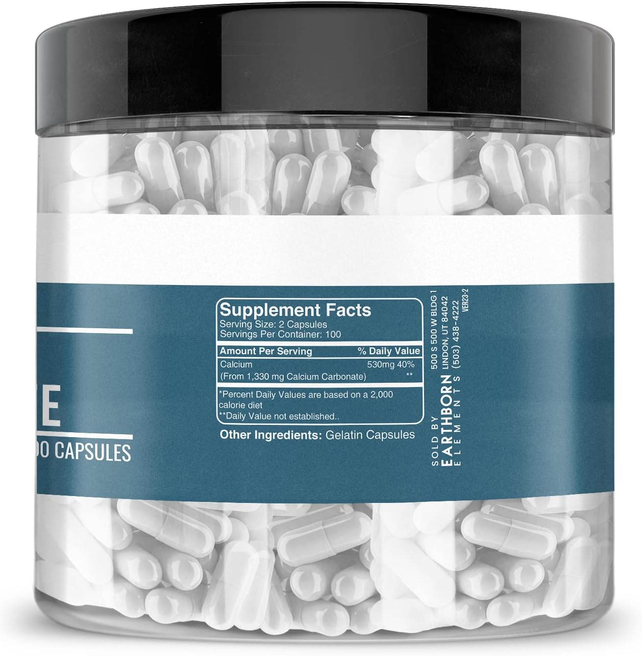 200 Capsules of Pure & Undiluted Calcium Carbonate by Earthborn Elements - No Additives