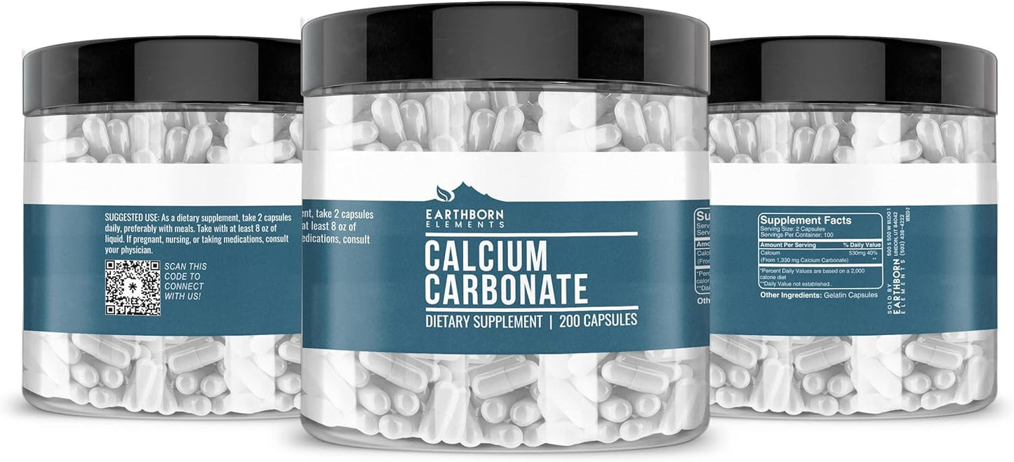 200 Capsules of Pure & Undiluted Calcium Carbonate by Earthborn Elements - No Additives