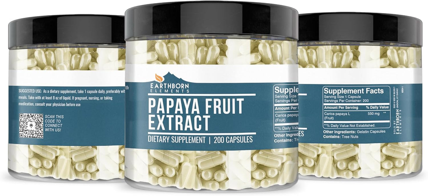 200 Capsules of Pure & Undiluted Papaya Fruit Extract by Earthborn Elements - Additive-Free Formula