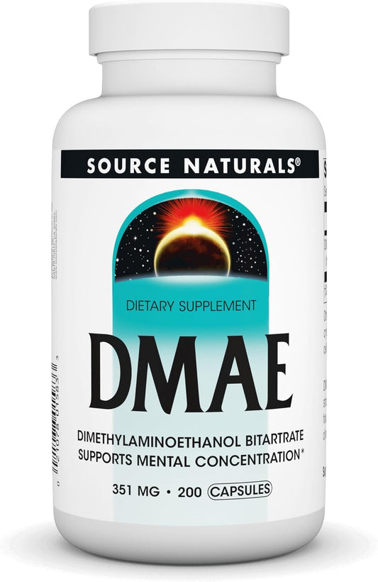 200 Capsules Source Naturals DMAE Bitartrate for Mental Concentration