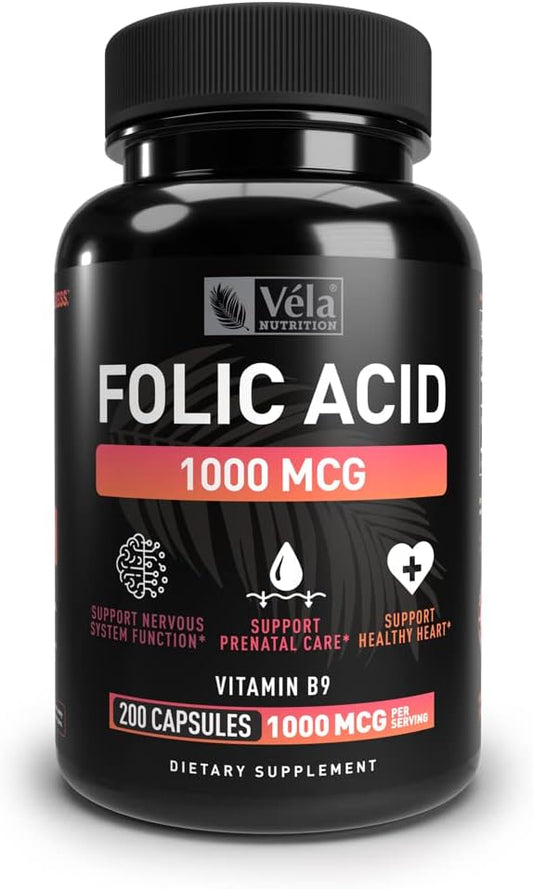 200 Capsules Véla Folic Acid Supplement | 1,000 mcg Per Serving | Heart & Prenatal Health Support | Non-GMO, Third Party Tested