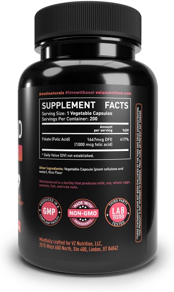 200 Capsules Véla Folic Acid Supplement | 1,000 mcg Per Serving | Heart & Prenatal Health Support | Non-GMO, Third Party Tested