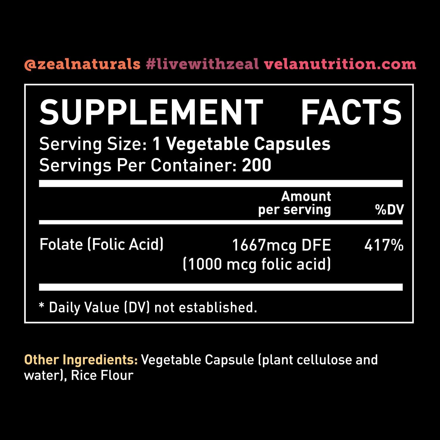 200 Capsules Véla Folic Acid Supplement | 1,000 mcg Per Serving | Heart & Prenatal Health Support | Non-GMO, Third Party Tested