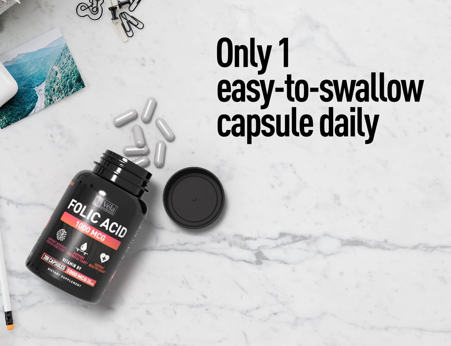 200 Capsules Véla Folic Acid Supplement | 1,000 mcg Per Serving | Heart & Prenatal Health Support | Non-GMO, Third Party Tested