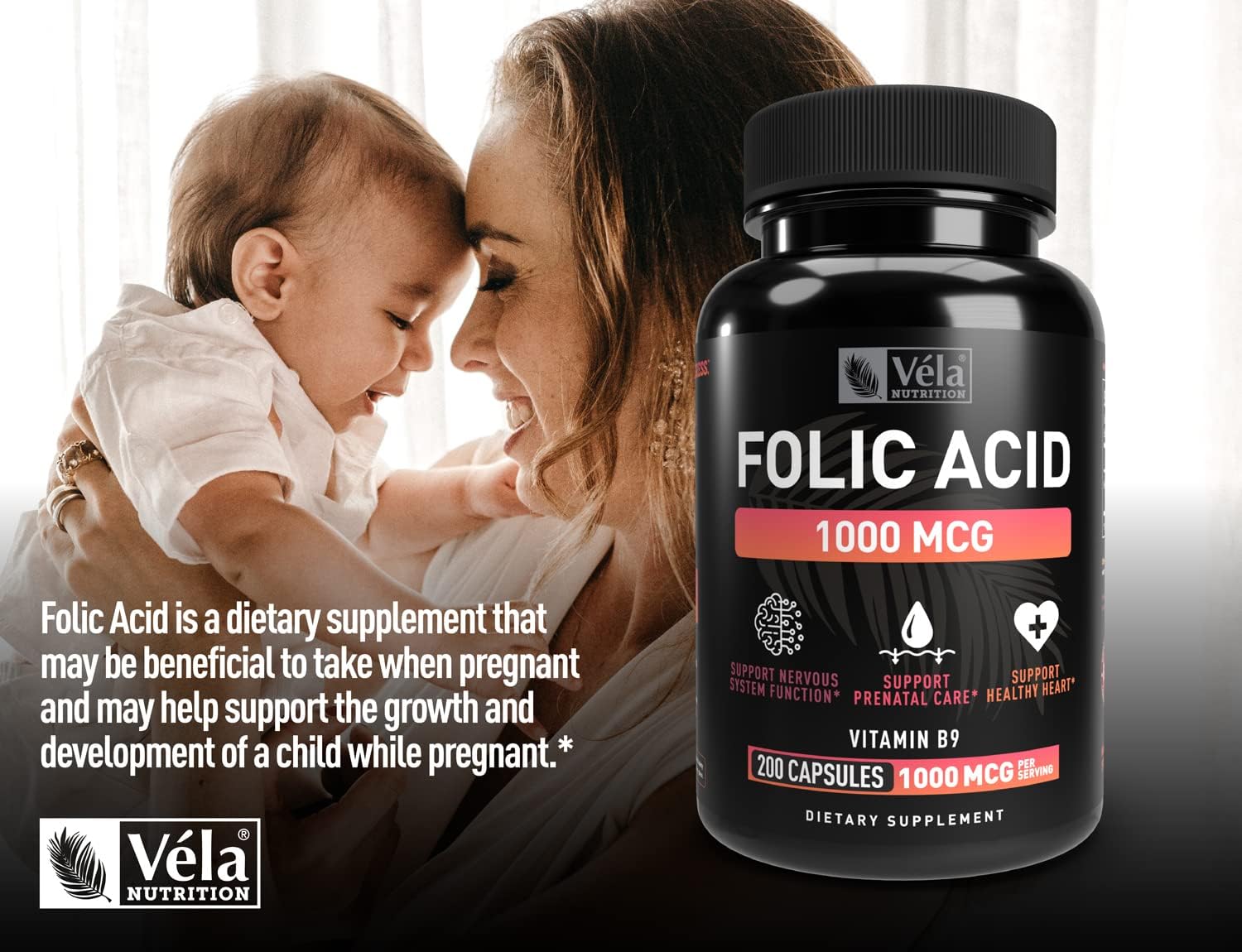200 Capsules Véla Folic Acid Supplement | 1,000 mcg Per Serving | Heart & Prenatal Health Support | Non-GMO, Third Party Tested