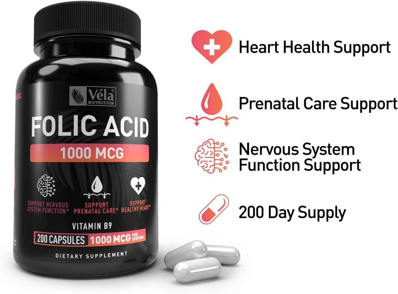 200 Capsules Véla Folic Acid Supplement | 1,000 mcg Per Serving | Heart & Prenatal Health Support | Non-GMO, Third Party Tested