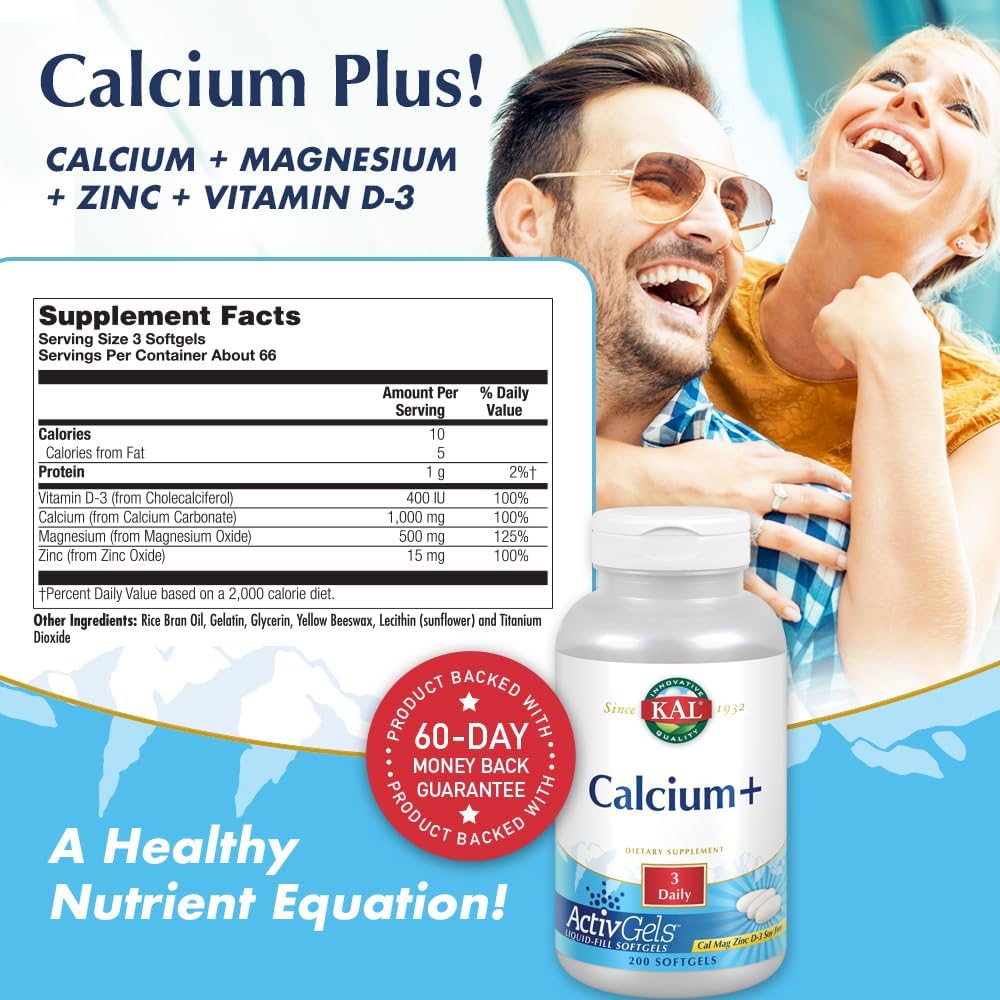 200 Count KAL Calcium Plus Tablets with 1000 mg - High Quality Calcium Supplement