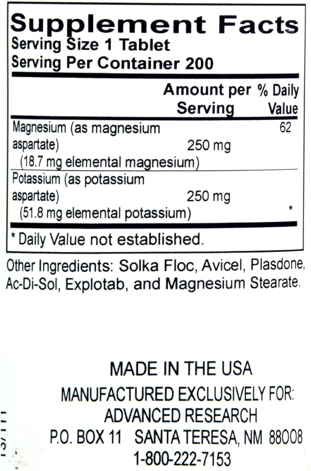 200 Count NCI Advanced Research Dr. Hans Nieper Potassium Magnesium Capsules