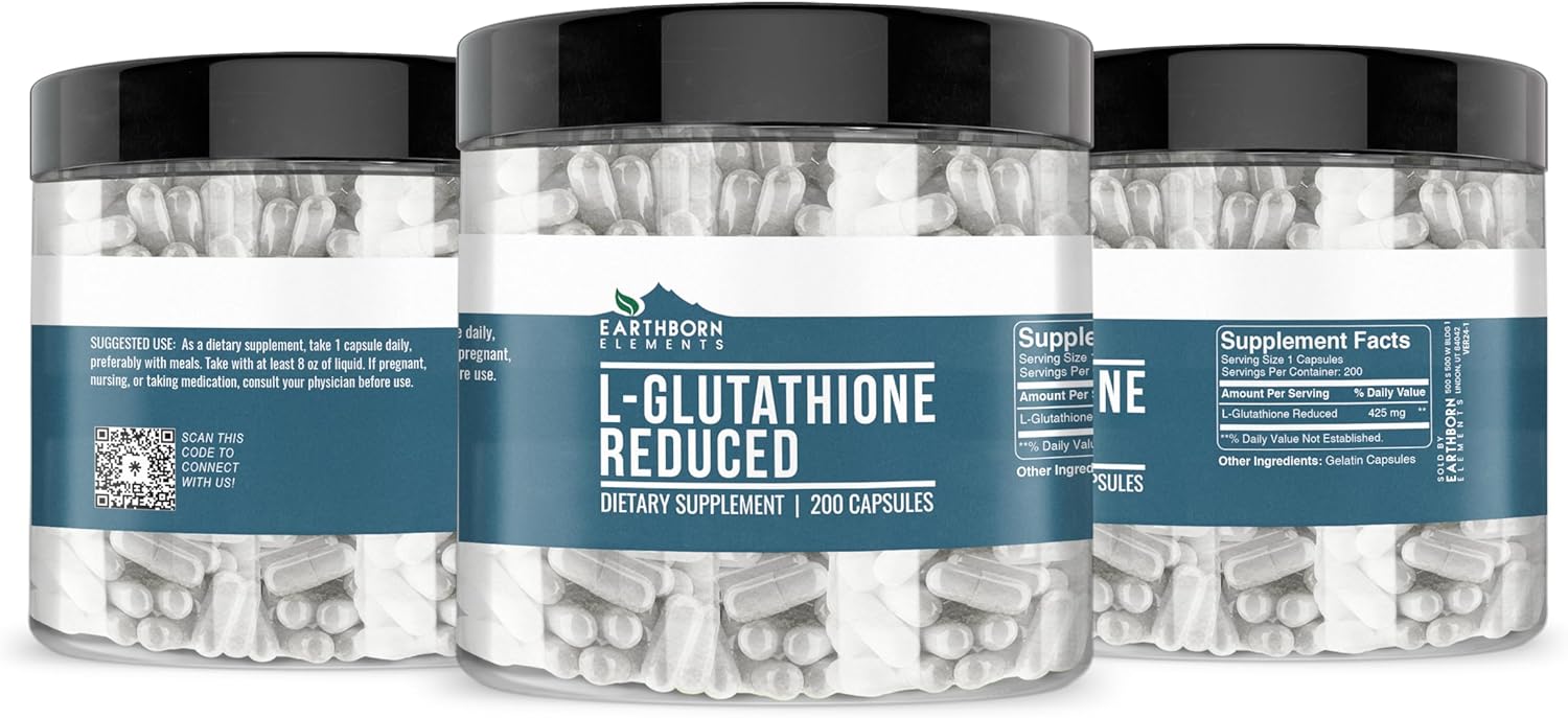 200 Count of Earthborn Elements Pure L-Glutathione Reduced Capsules - No Additives