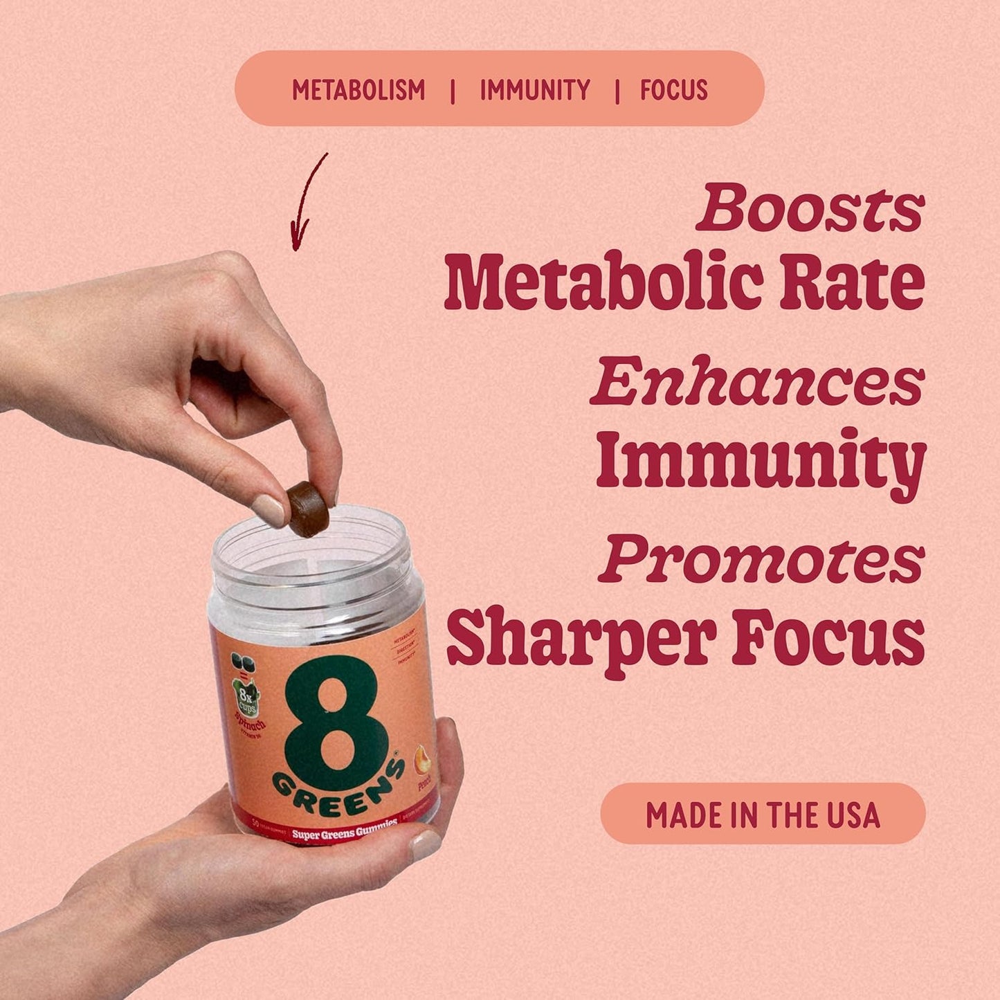 200-Count Peach Flavor 8Greens Supergreens Gummies with Organic Chlorella & Spirulina for Metabolism, Immunity, and Digestive Health