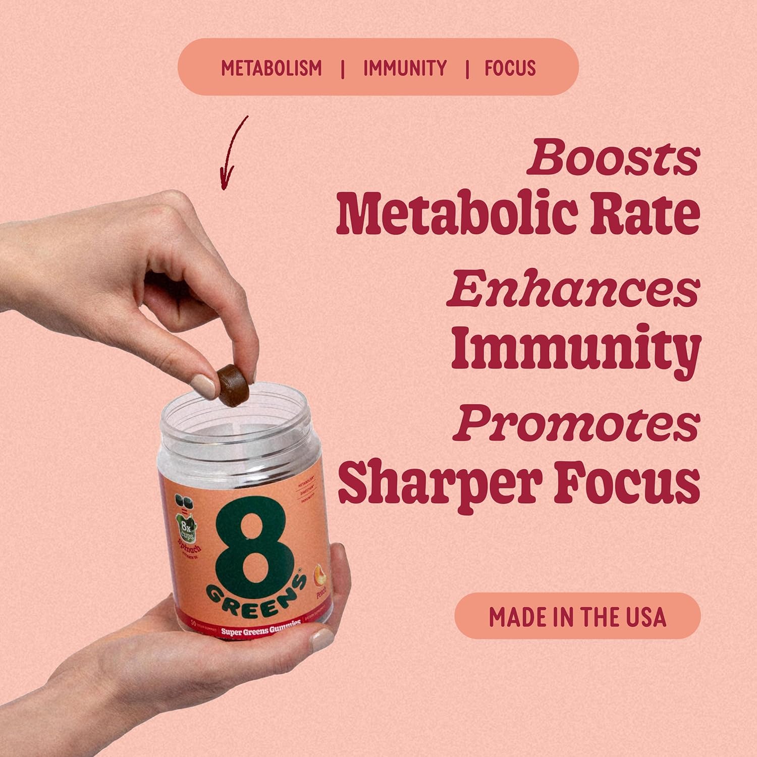 200-Count Peach Flavor 8Greens Supergreens Gummies with Organic Chlorella & Spirulina for Metabolism, Immunity, and Digestive Health