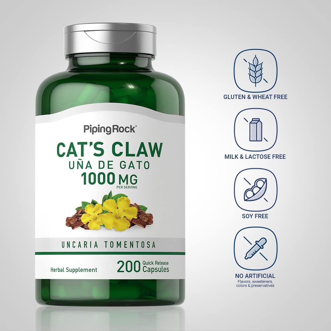 200 Count Piping Rock Cat's Claw Capsules 1000mg Herbal Supplement - UNA De Gato - Non-GMO & Gluten Free