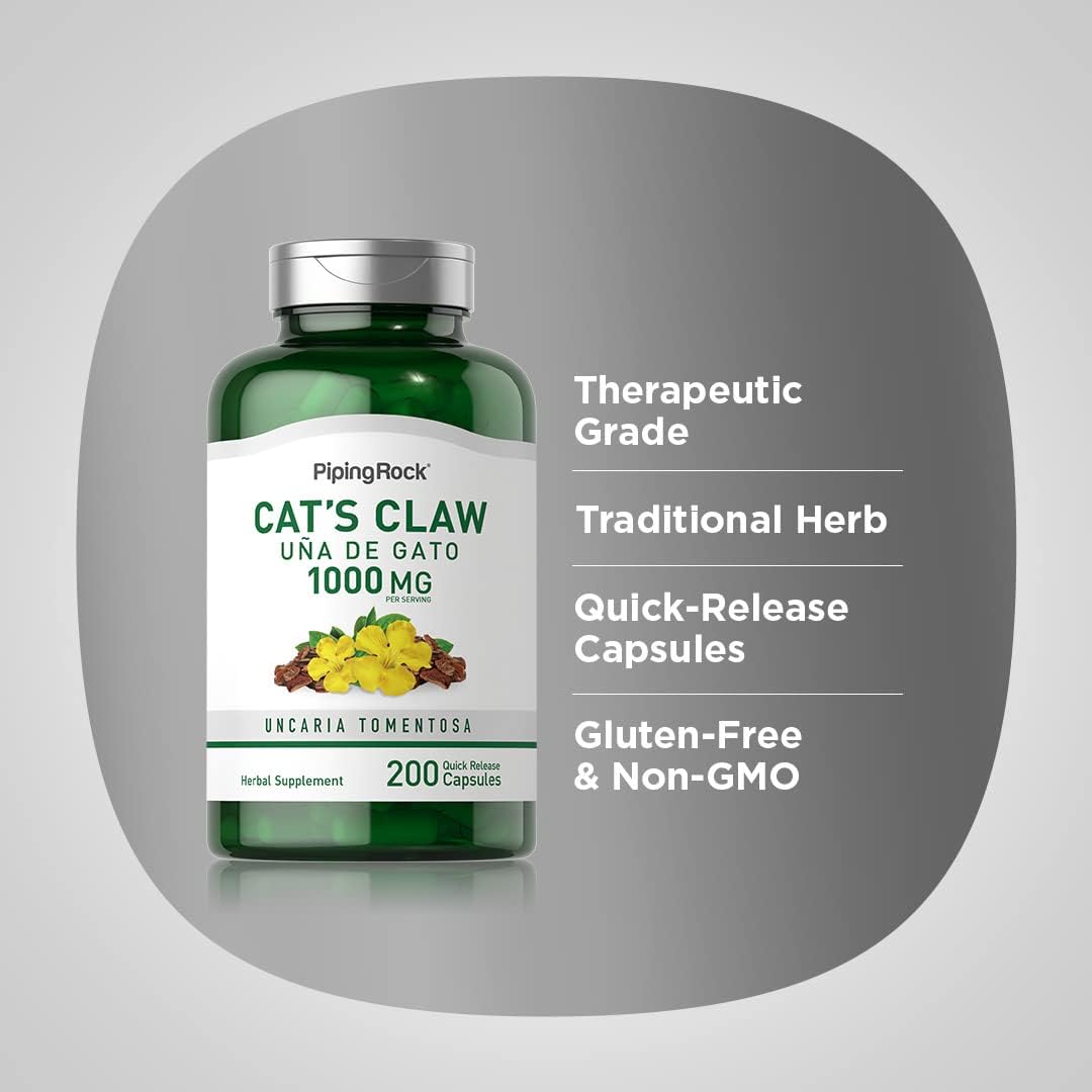 200 Count Piping Rock Cat's Claw Capsules 1000mg Herbal Supplement - UNA De Gato - Non-GMO & Gluten Free