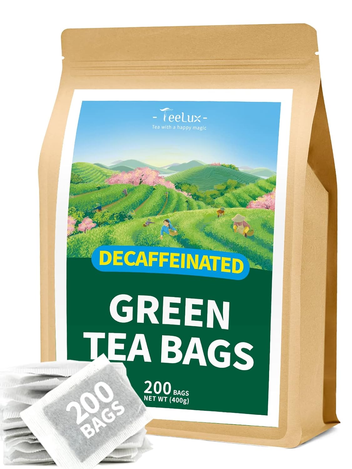 200 Count TeeLux Decaf Green Tea Bags - Pure Decaffeinated Green Tea for Hot & Iced Tea - High Antioxidant Content