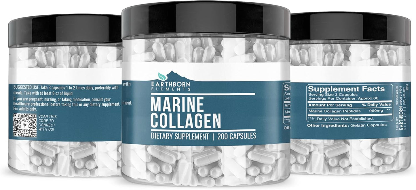 200 Non-GMO Fish Collagen Capsules - Hydrolyzed Peptides, Bioavailable, Scent-Free (960 mg)