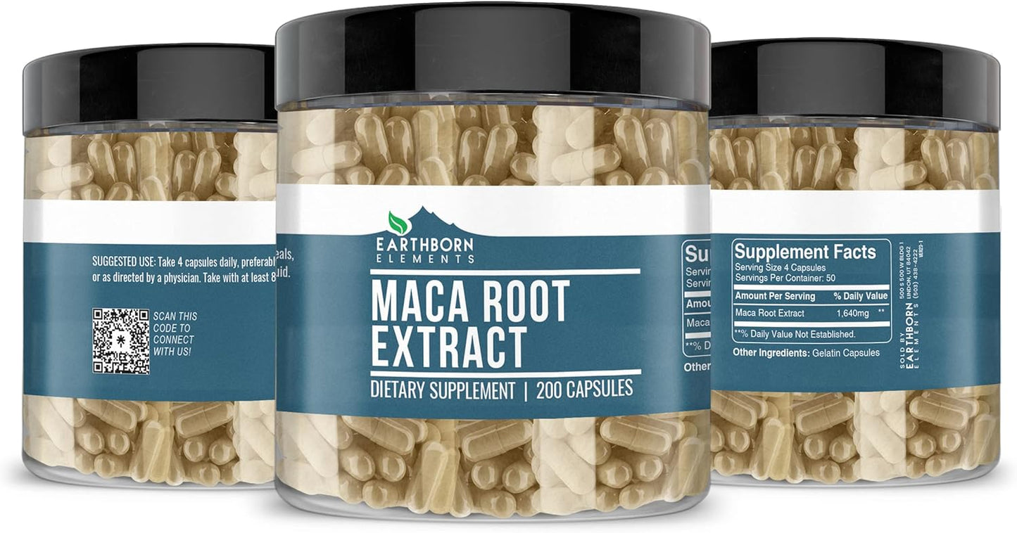 200 Pure Maca Root Extract Capsules by Earthborn Elements - No Additives, Undiluted