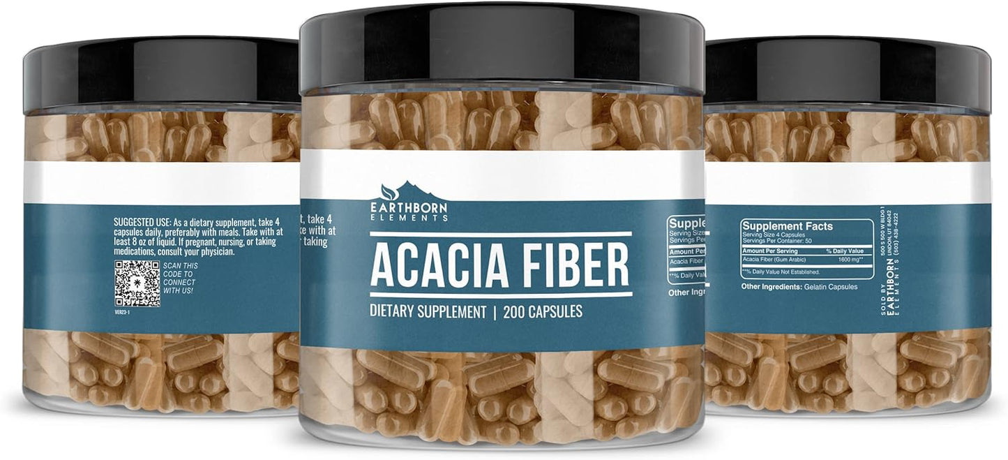 200 Pure & Undiluted Acacia Fiber Capsules by Earthborn Elements - No Additives
