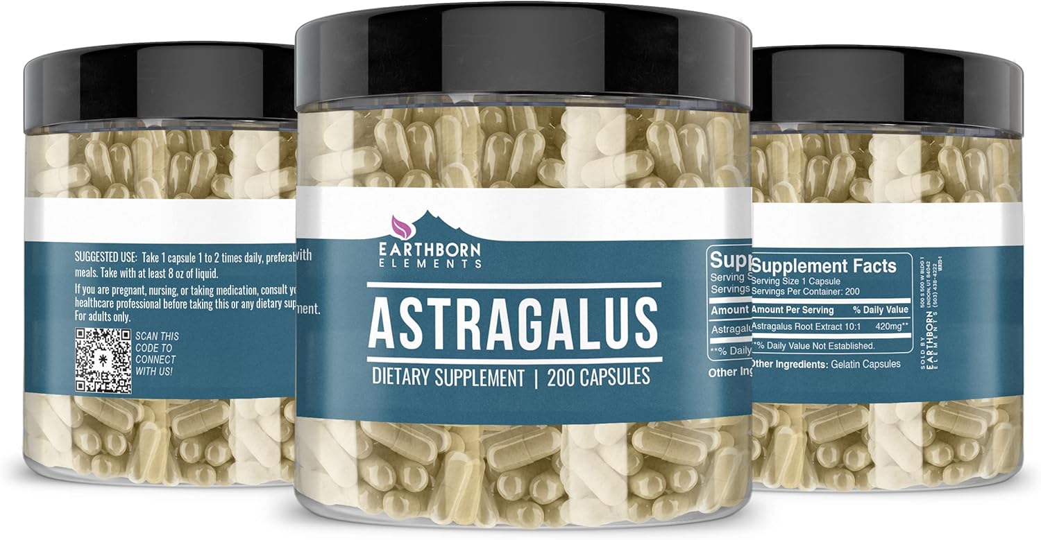 200 Pure & Undiluted Astragalus Extract Capsules by Earthborn Elements - No Additives