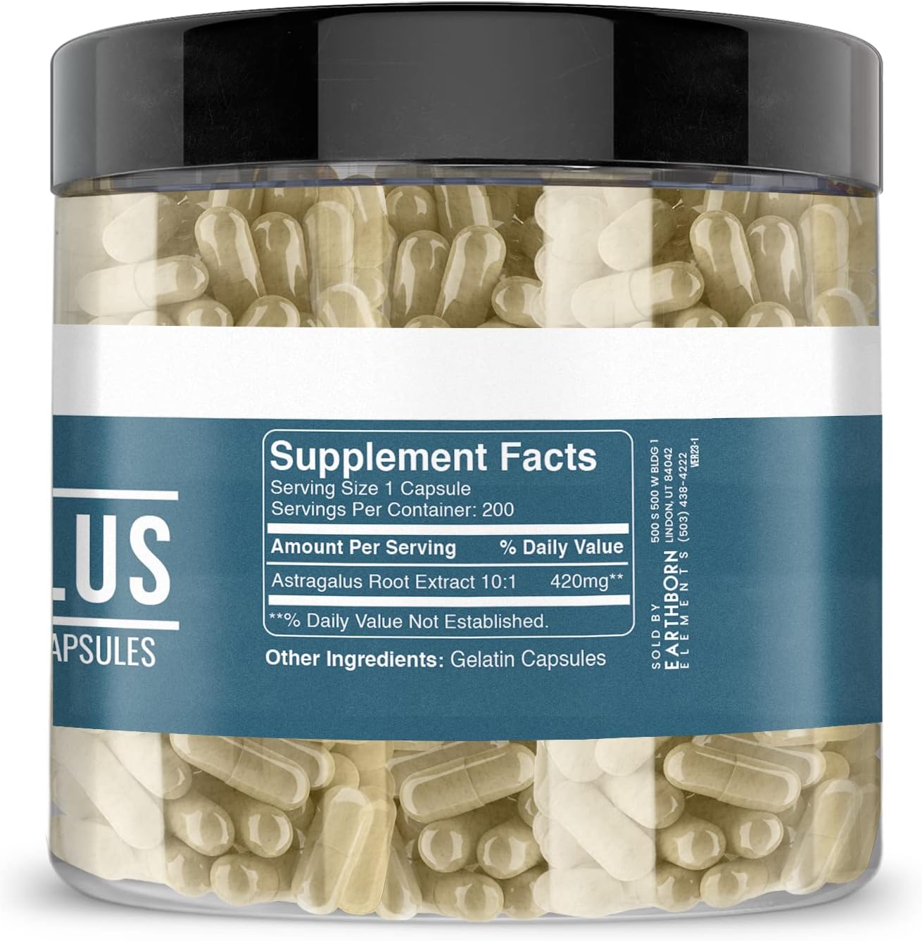 200 Pure & Undiluted Astragalus Extract Capsules by Earthborn Elements - No Additives