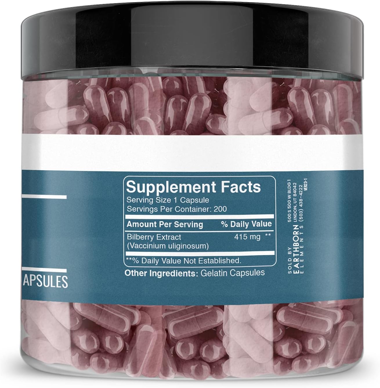 200 Pure & Undiluted Bilberry Extract Capsules by Earthborn Elements, Additive-Free