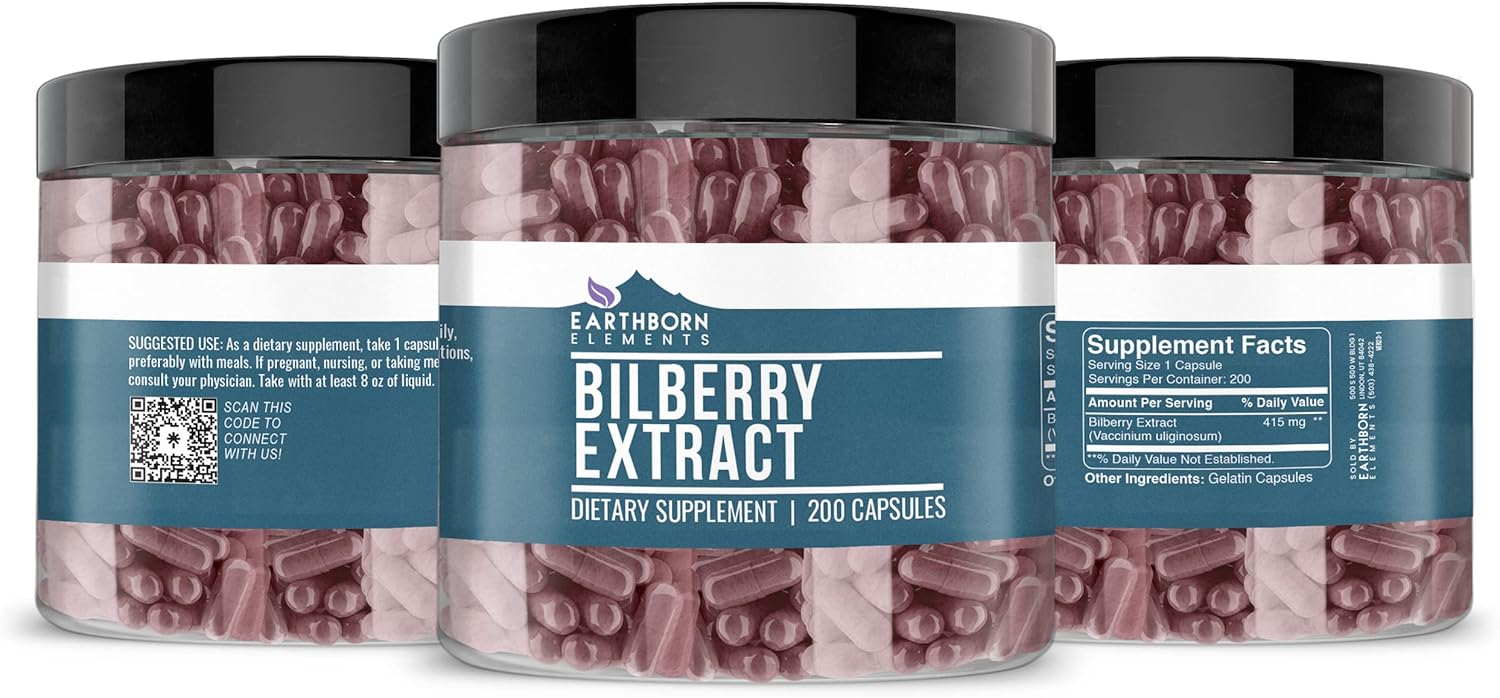 200 Pure & Undiluted Bilberry Extract Capsules by Earthborn Elements, Additive-Free