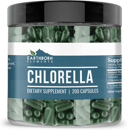 200 Pure & Undiluted Chlorella Capsules by Earthborn Elements - No Additives