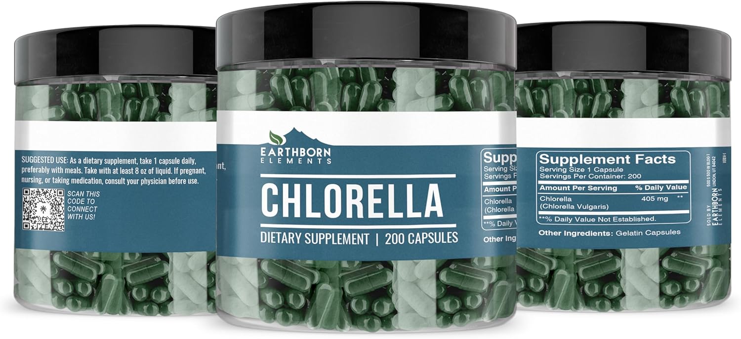 200 Pure & Undiluted Chlorella Capsules by Earthborn Elements - No Additives