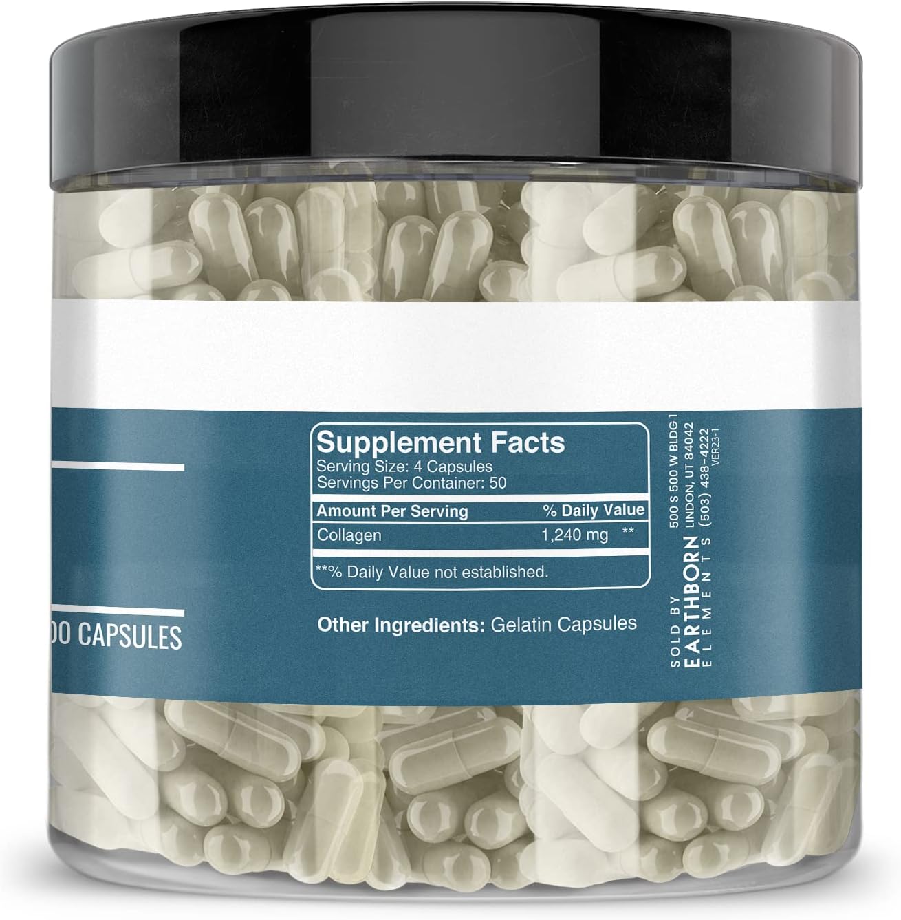 200 Pure & Undiluted Collagen Peptide Capsules by Earthborn Elements, Additive-Free