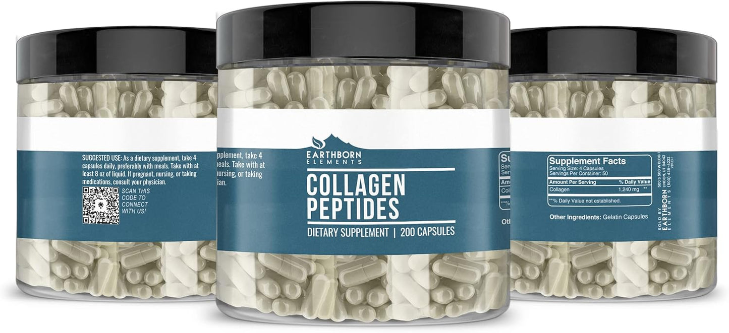 200 Pure & Undiluted Collagen Peptide Capsules by Earthborn Elements, Additive-Free