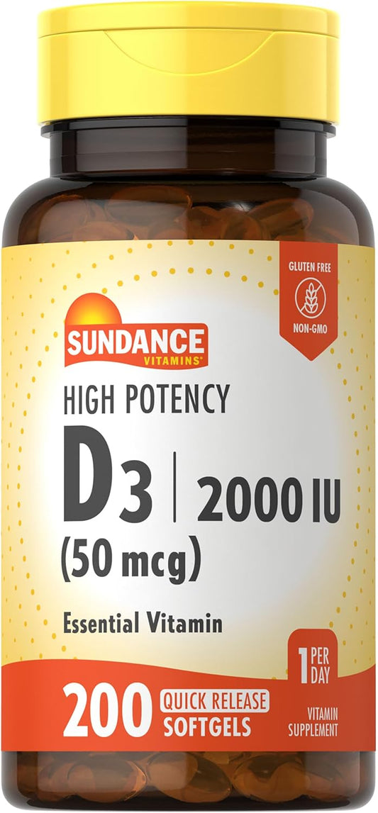 200 Quick Release Softgels of Sundance High Potency D3 2000 IU Vitamin Formula - Non-GMO & Gluten Free