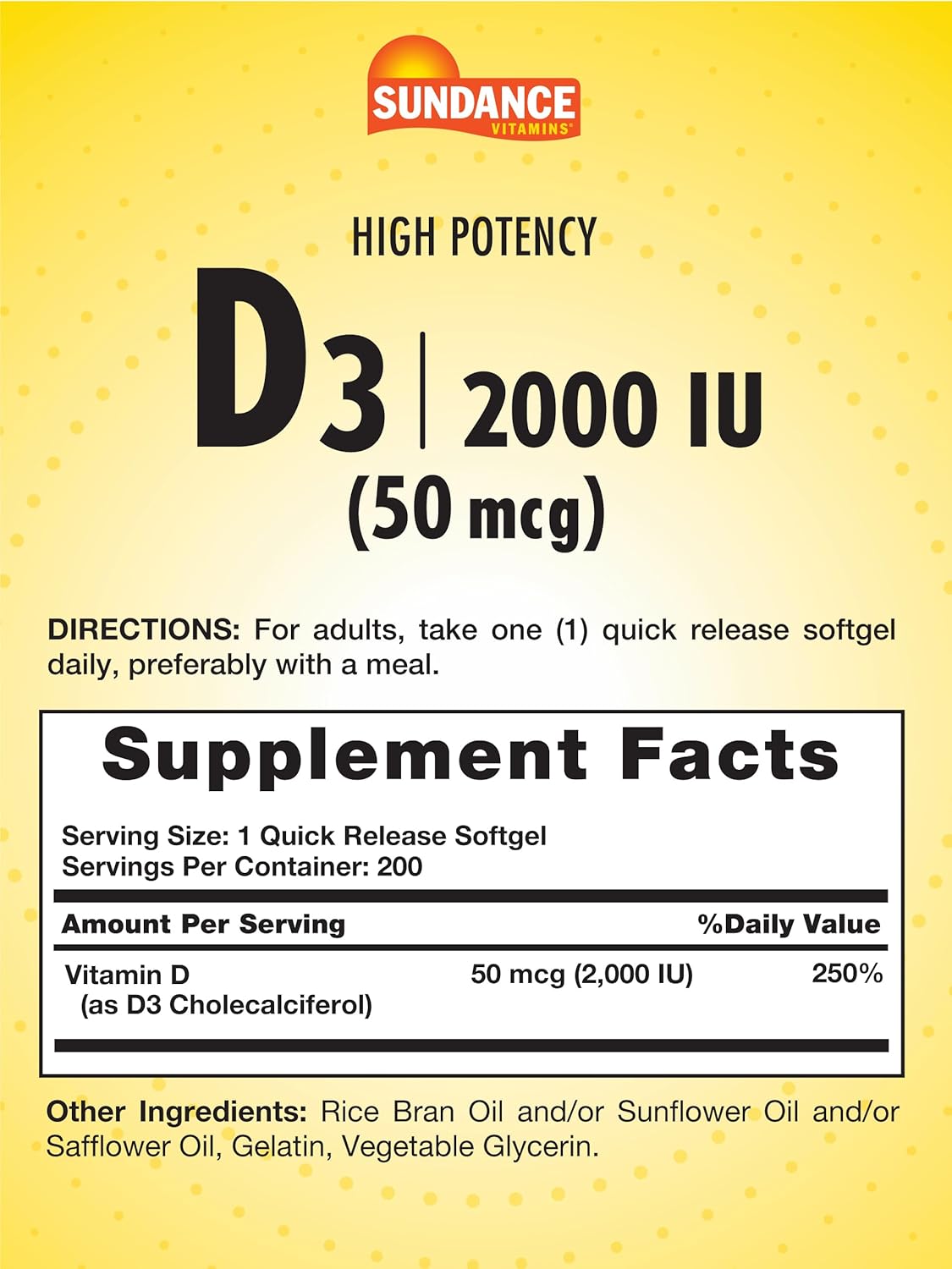 200 Quick Release Softgels of Sundance High Potency D3 2000 IU Vitamin Formula - Non-GMO & Gluten Free
