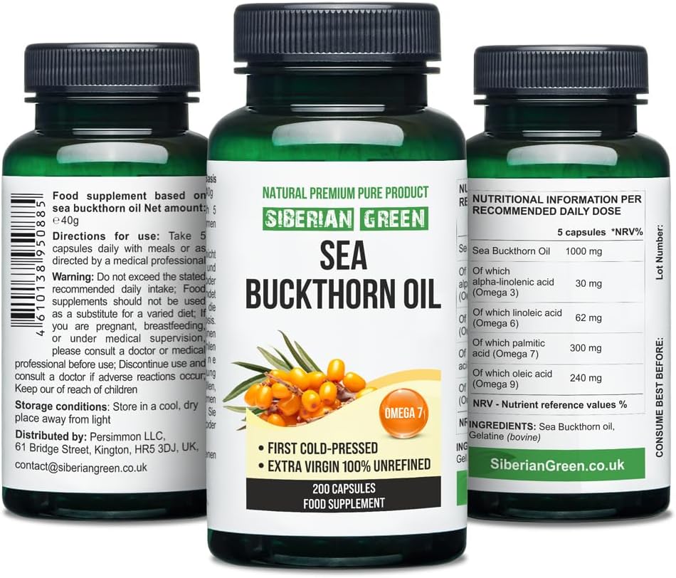 200 Softgel Siberian Sea Buckthorn Oil Capsules | Cold Pressed Unrefined from Wild-harvested Berries | Gluten Free Non-GMO Omega 7 Supplement - BoostGo Australia