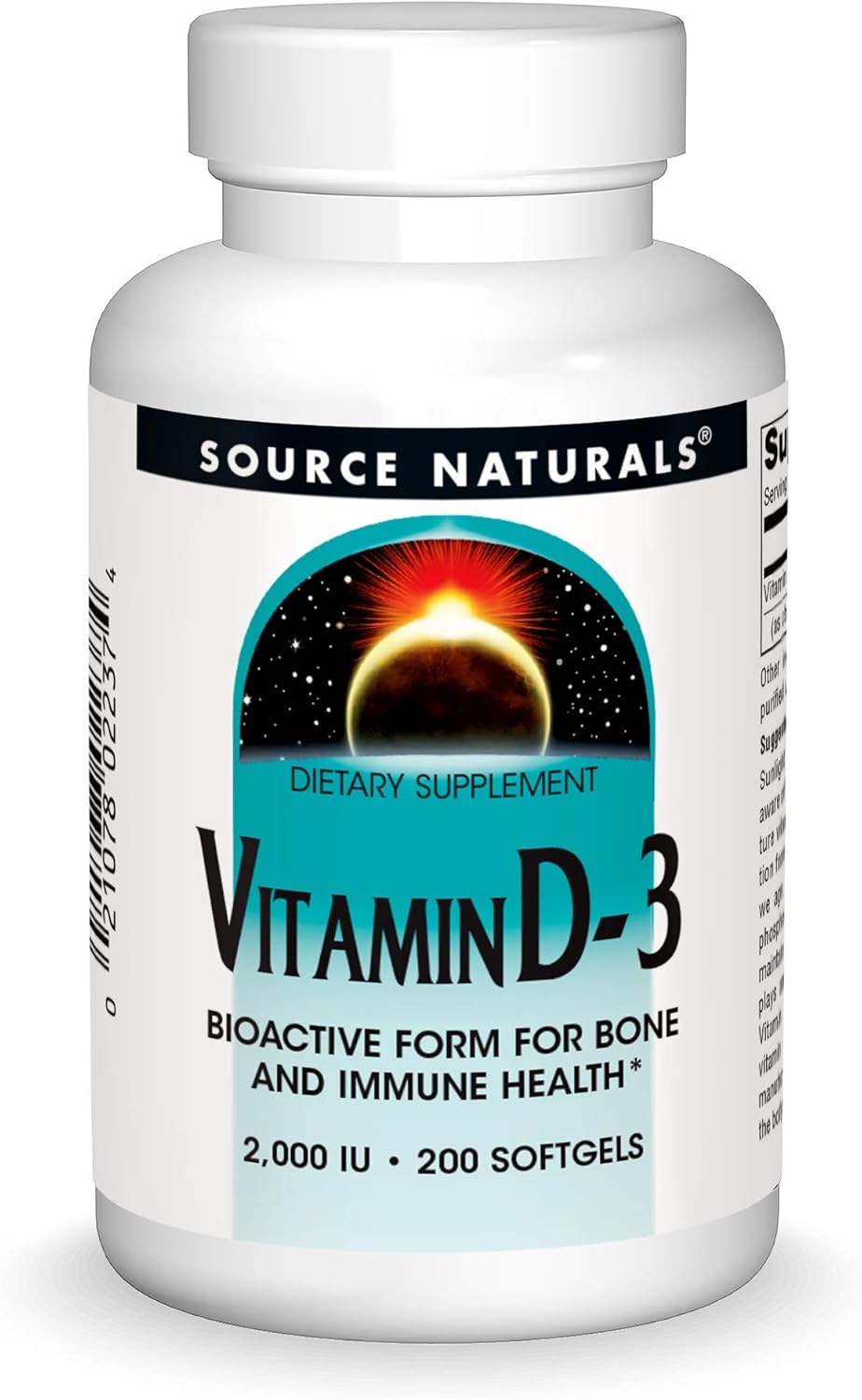 200 Softgels of Source Naturals Vitamin D-3 2000 IU for Bone and Immune Health
