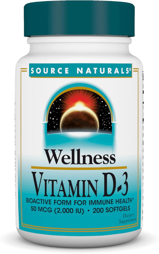 200 Softgels Source Naturals Wellness Vitamin D-3 2000 iu Bioactive Form for Immune Health Support