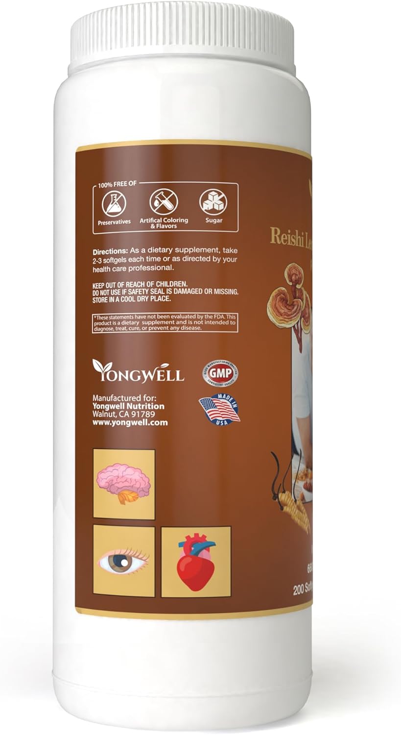 200 Softgels YongWell Reishi Lecithin Super Complex with Panax Ginseng & Cordyceps - Premium Quality Dietary Supplement